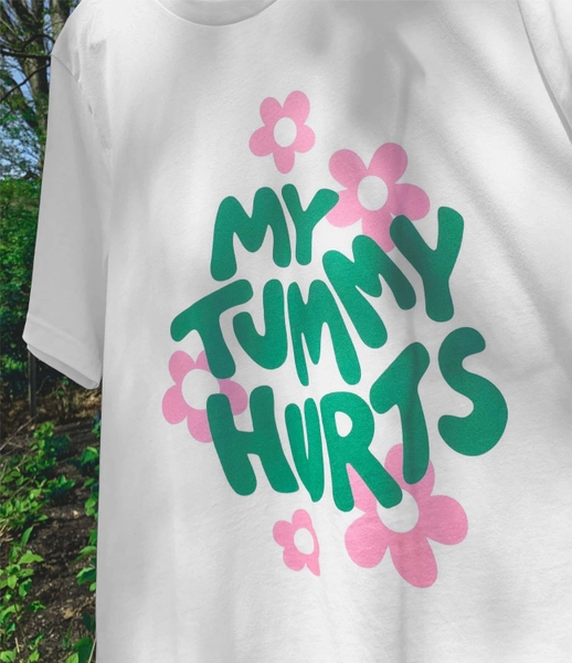 My Tummy Hurts Aesthetic Tee Shirt | Groovy Graphic Tee | Trendy Y2K | Tumblr Graphic Tee | Celiac, Gluten-free, IBS, Lactose, Green Pink