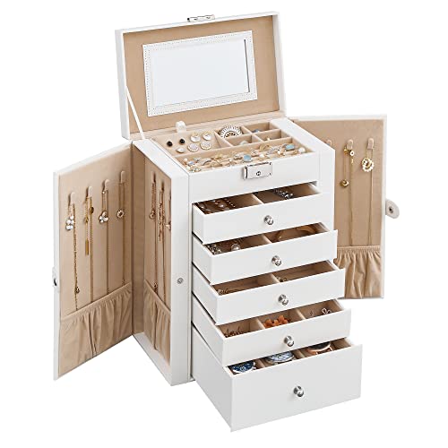 SONGMICS 6 Tier Jewelry Box, Jewelry Case with 5 Drawers, Large Storage Capacity, with Mirror, Lockable, Jewelry Storage Organizer, Gift for Loved Ones, For Watches, White UJBC152W01 - White