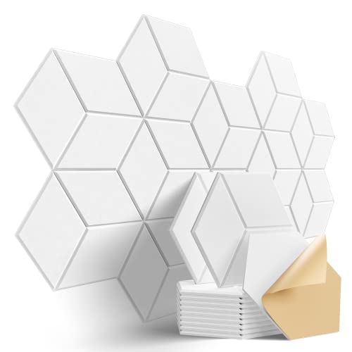 Dailycooper 12 Pack Self-adhesive Acoustic Panels 12" X 10" X 0.4" - Sound Proof Foam Panels with High Density, Fashionable Y-Lined Design, Flame Resistant, Absorb Noise and Eliminate Echoes(White) - Y-Cut Hexagon 12 Pack - White