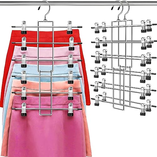 Hangers,Pants Hangers -6 Tiers Closet Organizer Clothes Hanger,Coat Hanger-Skirt Hangers with 360° Swivel Hook -Space Saving Hangers with Clips - 2 Pack Pant Hangers - 2 pack