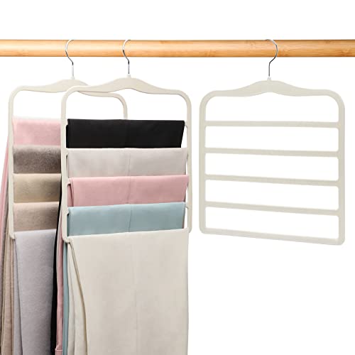 Pants Hangers Space Saving,Organization and Storage for Dorm Room Essentials for College Students Girls,Non-Slip Velvet Hangers,Multifunctional Pant Hanger Closet Organizer for Trousers Scarf-5 Pack - Ivory White - Large