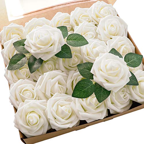 Floroom Artificial Flowers 50pcs Real Looking Ivory Foam Fake Roses with Stems for DIY Wedding Bouquets White Baby Shower Centerpieces Floral Arrangements Party Tables Home Decorations - Ivory - 50pcs Regular 3"