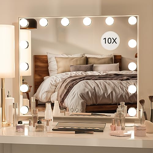 POPLIZZ Vanity Mirror with Lights - 23.62 x 20.7 Make up Vanity Mirror with Lights - Led Makeup Mirror Wall Mounted with 14 Dimmable LED Bulbs, 3 Lights Setting - White