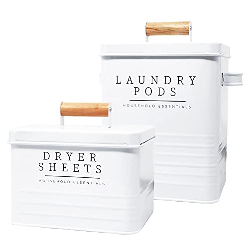 KOANEssentials Modern Farmhouse Metal Laundry Pods Container with Dryer Sheet Holder for Laundry Room Organization and Storage, Farmhouse Decor, Holds Over 150 Laundry Pods and 300 Dryer Sheets