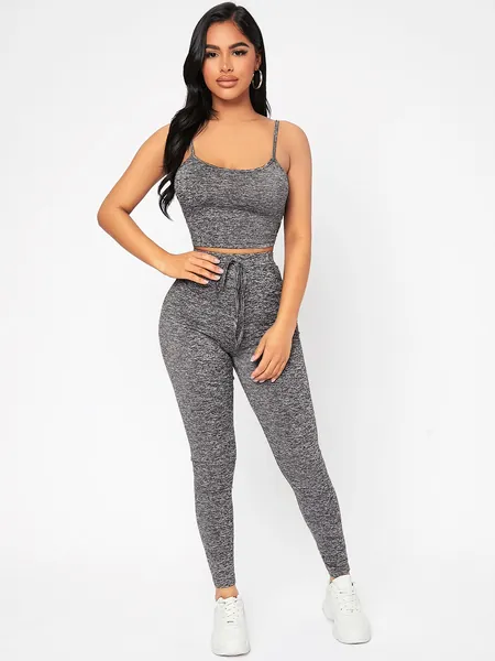 SHEIN PETITE Marled Knit Crop Cami Top & Leggings Set