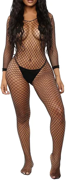 Walang Lip Women's Sexy Mesh BodyStocking Fishnet Lingerie Long Sleeve Bodysuits One Piece Jumpsuit Underwear Nightwear - Black