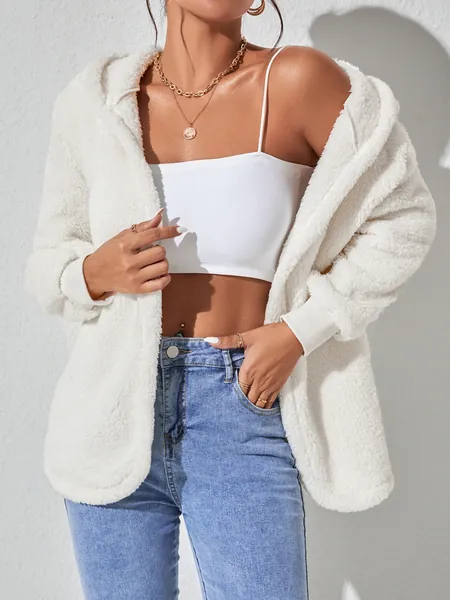 SHEIN PETITE Drop Shoulder Hooded Teddy Coat