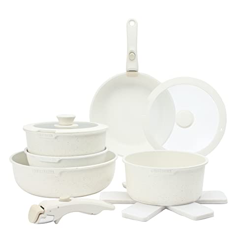 Country Kitchen 13 Piece Pots and Pans Set - Safe Nonstick Kitchen Cookware with Removable Handle, RV Cookware Set, Oven Safe (Cream) - Cream - Original