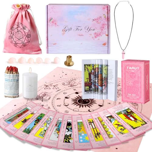 Myripoly Tarot Cards Set with Meanings on Them-Beginner Tarot Deck Set-Tarot Spread Cloth,Velvet Pouches-Tarot Cards for Beginners Crystal-Rope Satya Incense - Tarot Cards Set