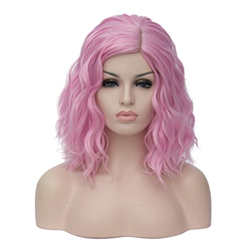Mildiso Pink Wigs for Women Short Curly Wavy Bob Wig Light Pink Hair Wig with Wig Caps Cute Colorful Synthetic Wig for Daily Party M068PK - Pink