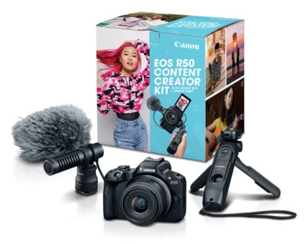 Canon EOS R50 Content Creator Kit, Mirrorless Vlogging Camera, 24.2 MP, 4K Video, DIGIC X Image Processor, RF-S18-45mm F4.5-6.3 IS STM Lens, Stereo Microphone, Tripod Grip, Wireless Remote Control - EOS R50 Content Creator Kit - Black