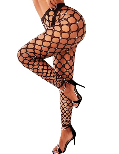 RSLOVE Women Sexy Tights Fishnet Rhinestones Sparkly Pantythose - One Size - Black