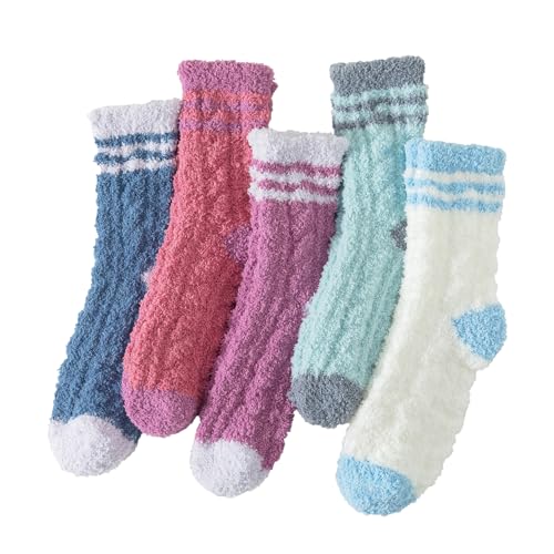 LEVOTIYER Slipper Socks Fuzzy Socks for Women Warm Fuzzy Socks Sleep Cozy socks Fluffy Socks Winter Cozy Socks for women - 5 Pairs Woven Texture, 6-10