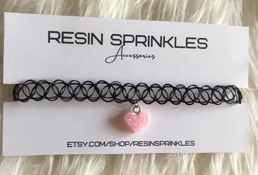 Pastel Pink Heart Tattoo Choker Necklace | 90s Choker w/ Handmade Sparkly Resin Heart | Kawaii Gothic Jewelry | Retro Gifts & Accessories