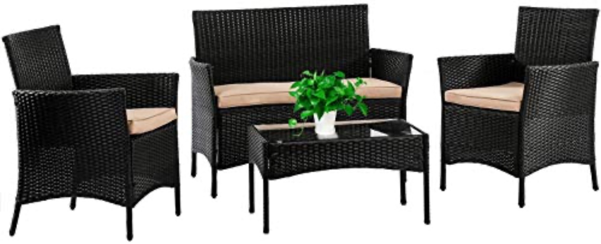 FDW Wicker Patio Furniture 4 Piece Patio Set Chairs Wicker Sofa Outdoor Rattan Conversation Sets Bistro Set Coffee Table for Yard or Backyard - Black