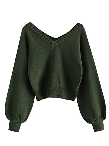 ZAFUL Women's Cropped Sweater V-Neck Long Sleeve Crop Sweater Pullover Jumper Knit Top - Medium - 1-green