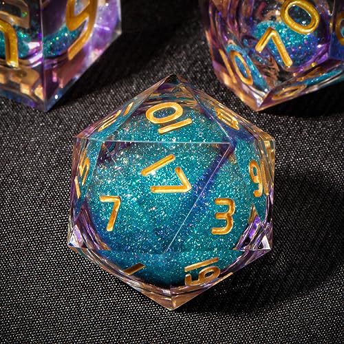 OUKELANWO Liquid Core Sharp Edge Resin DND Dice Set D&D, 7 Piece Polyhedral Dungeons and Dragons Dice, Purple Blue RPG Role Playing D and D Dice D20 D12 D10 D8 D6 D4 - Purple Blue