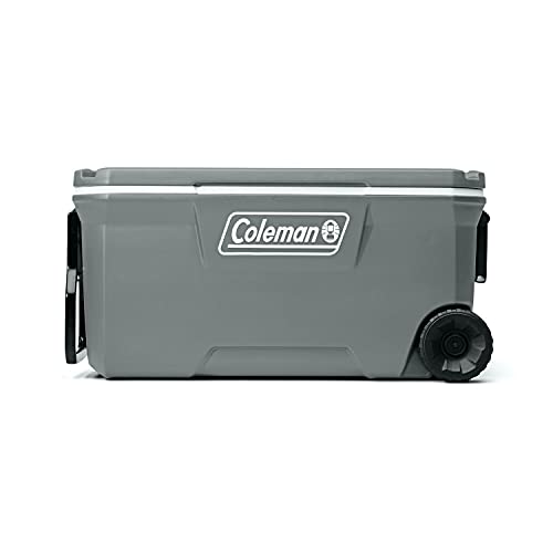 Coleman 316 Series Insulated Portable Cooler with Heavy Duty Wheels, Leak-Proof Wheeled Cooler with 100+ Can Capacity, Keeps Ice for up to 5 Days, Great for Beach, Camping, Tailgating, Sports, & More - Rock Grey - 100qt - Coolers