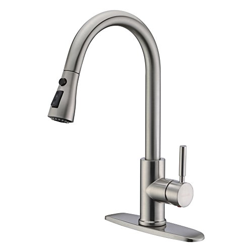 WEWE Single Handle High Arc Brushed Nickel Pull Out Kitchen Faucet,Single Level Stainless Steel Kitchen Sink Faucets with Pull Down Sprayer - Brushed Nickel