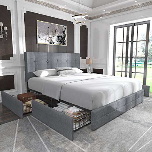 Allewie Upholstered Queen Size Platform Bed Frame with 4 Storage Drawers and Headboard, Square Stitched Button Tufted, Mattress Foundation with Wooden Slats Support, No Box Spring Needed, Light Grey - Light Grey - Queen - Antique