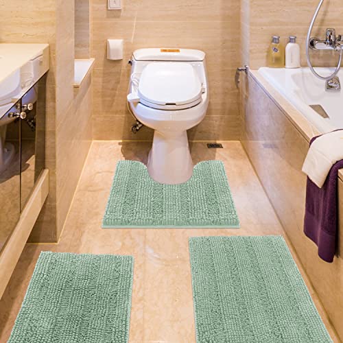 ACCUMTEK Striped Sage Green Bathroom Rug Set 3 Pieces Ultra Soft, Non Slip Chenille Toilet Mat, Absorbent Plush Shaggy Bath Mats for Bathroom, Bedroom, Kitchen - 20"x32"+17"x24"+U Shape 20"x24" - Sage Green
