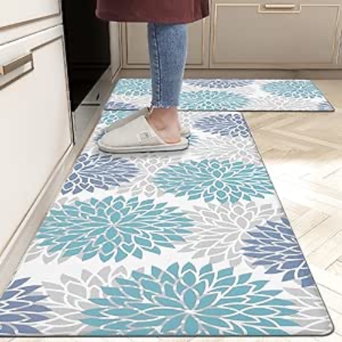 HEBE Anti Fatigue Kitchen Floor Mats Set of 2 Thick Cushioned Kitchen Rugs Mats Set Waterproof Non Slip Comfort Floor Rug Carpet for Kitchen Sink,Laundry 17"x48"+17"x28" - 17"x48"+17"x28" Teal/Blue