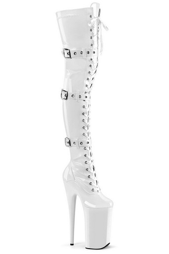 10" Heel White Stretch Patent Thigh High Boots