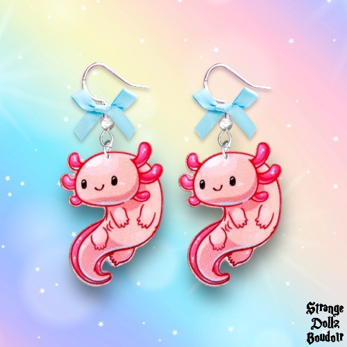 Cute Axolotl earrings, 925 sterling silver, Strange Dollz Boudoir
