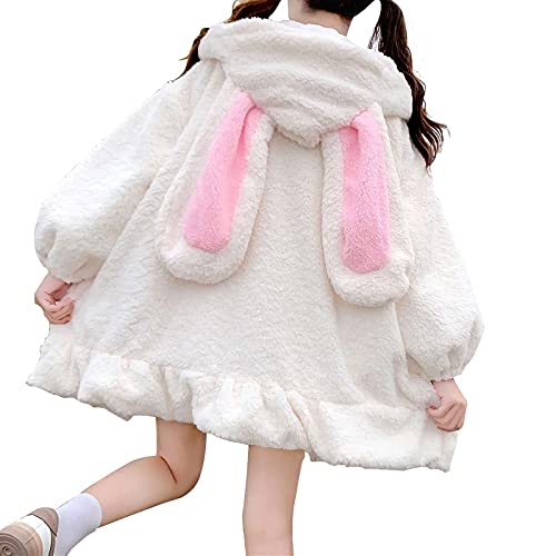 Vensivy Kawaii Bunny Ear Hoodie Women Cute Fuzzy Fluffy Rabbit Sweatshirt Girls Lovely Anime Hooded Long Sleeve Jacket Coat - Large - White