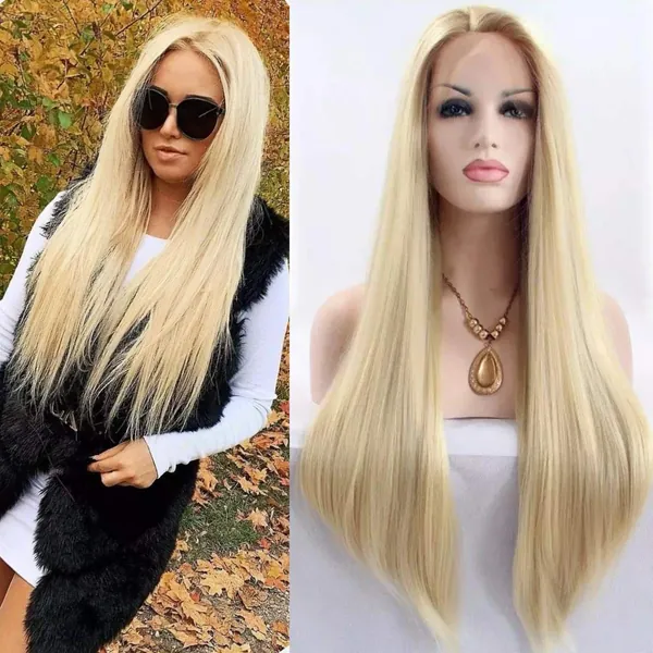 Natural Mix Blonde Straight Lace Front Wigs Long Silky Straight Ombre Gold Synthetic Lace Wigs Heat Resistant Fiber for Women 22inch… - Gold