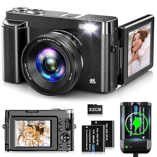 Digital Camera,Oiadek 4K 48MP Autofocus Vlogging Camera with 32G Memory Card 16X Digital Zoom,Compact Digital Camera with 3.0 inch 180° Flip Screen and Battery charger for Teenagers, Beginners,Adults - Black
