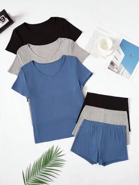 3pcs Simple Round Neck Sleeveless Top And Shorts Set For Summer Home Wear