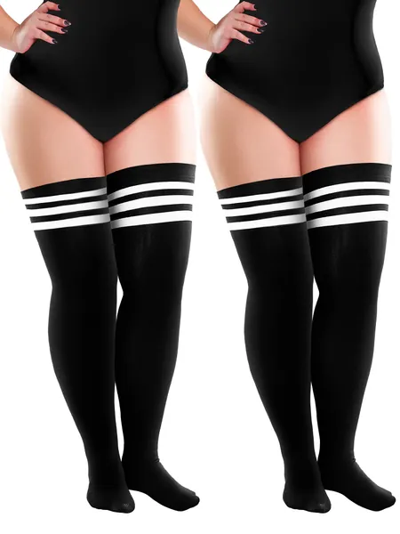 2 Pack Thigh High Socks Black and White Striped
