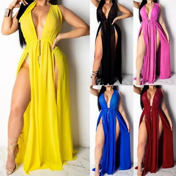 Deep V Neck Front Split Dress