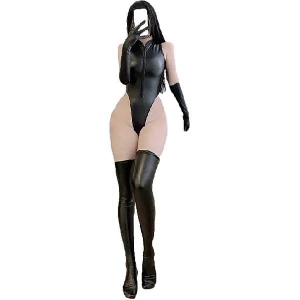 Vinyl Leather Bodysuit Lingerie with Gloves and Stockings