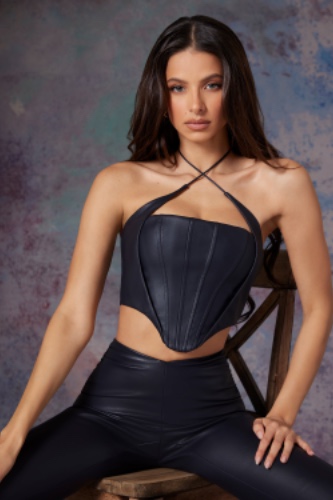 Vegan Leather Corset Crop Top in Midnight Black | 4