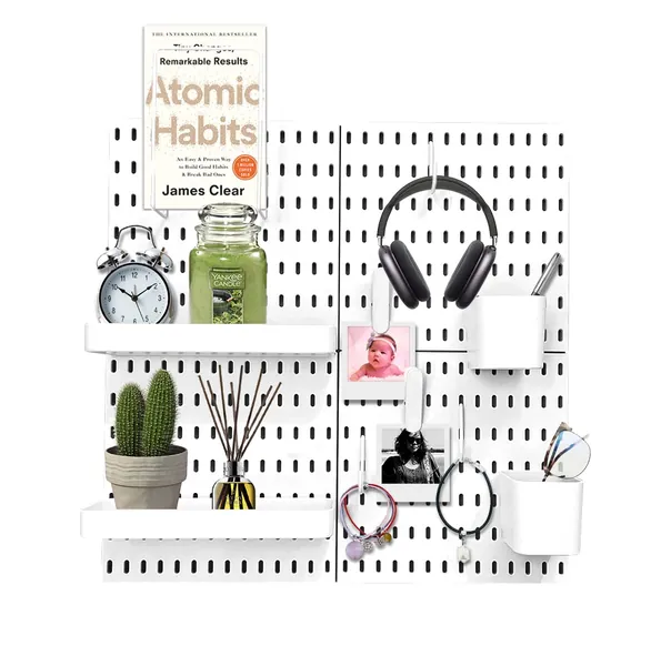 Wall Organiser Peg Board (Home) | 56cm x 56cm Complete Set (4 Tiles of 28*28cm) and Accessories includes functional hooks, containers, clamps & storage