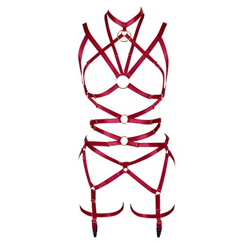 Femmes Punk Cut Out Harnais Body Pleine Lanières Lingerie Jarretière Ceintures Ensemble Élasticité Goth Club Rave Wear - rouge vin