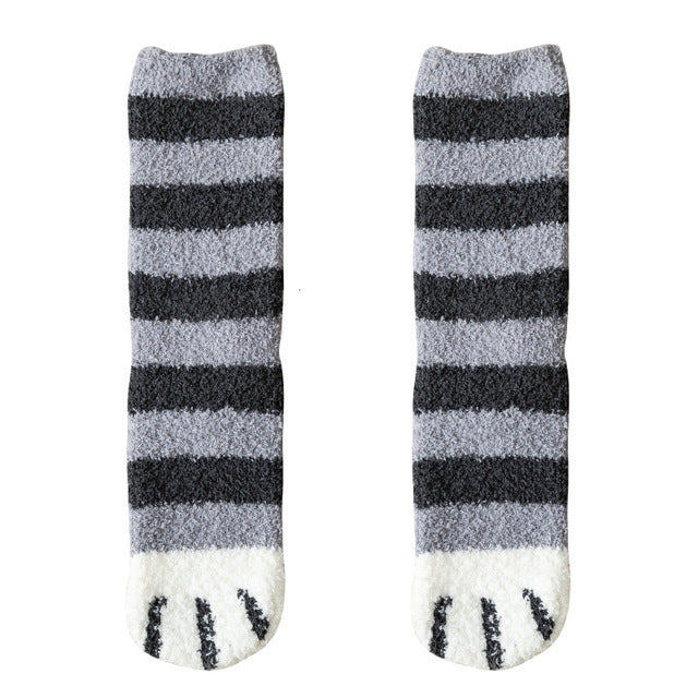 Warm Cat Paw Socks, Fuzzy Kawaii Winter Claw Socks, Thick Coral Fleece Sleeping Socks - 1 x Bar Gray