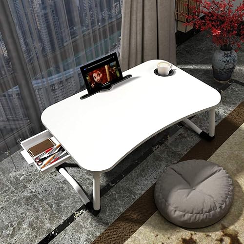 Home Office Lap Desk with Storage Drawer, Tablet and Cup Holders, Laptop Bed Tray Table, 23.6" Foldable Laptop Desk, Laptop Stand for Working, Writing, Gaming and Drawing, White Top White Legs - 23" - White
