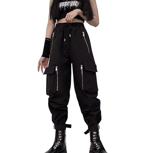 MEINVQIAOTI Black Cargo Pants Women Loose Chained Pants Multi-Pocket Multi-Zip Punk Goth Pants - Large - Black