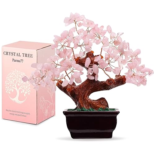 Parma77 Feng Shui Natural Rose Pink Quartz Crystal Money Tree Bonsai Style Decoration for Wealth and Luck