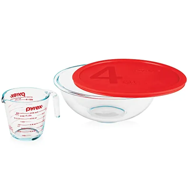 Pyrex Smart Essentials 3-Piece Glass Prep Set, 4-QT Glass Mixing Bowl with lid and 2-Cup Measuring Cup, Dishwasher, Microwave and Freezer Safe, Essential Kitchen Tools
