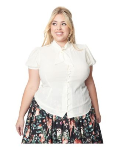 Plus Size Short Sleeve Tie Neck Button Down Fitted Woven Blouse
