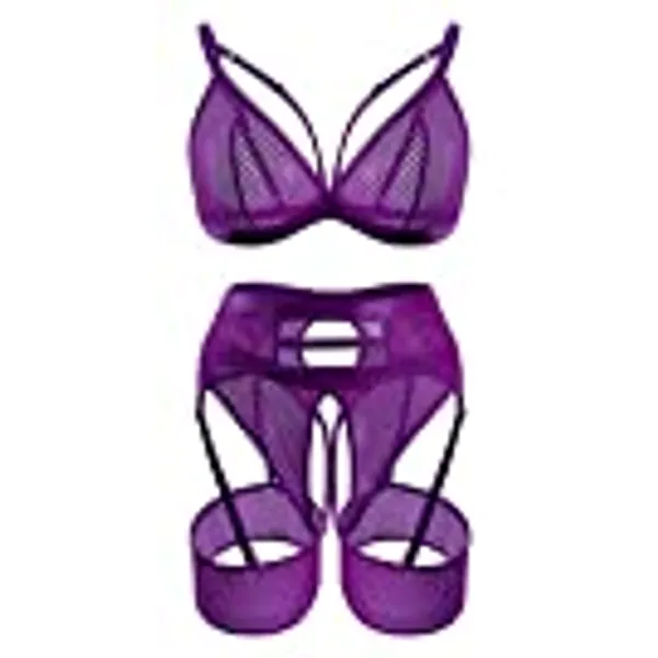 popiv 4 Piece Garter Lingerie for Women, Sexy Cutout Lingerie, Mesh Matching Lingerie Set