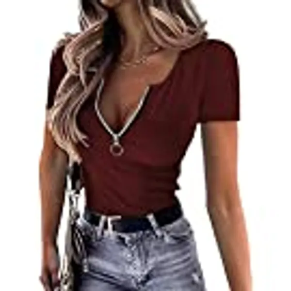 OwnTime Womens Summer Tops Short Sleeve Shirts Sexy V Neck Slim Fit Zip Up Tops Ribbed Knit Henley Shirts Blouses