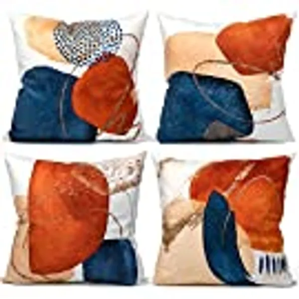 COLORPAPA Boho Throw Pillow Covers 18x18 Set of 4 Mid Century Modern Decorative Throw Pillows Navy Blue Burnt Orange Cushion Pillowcases for Couch Sofa Bedroom Abstract Geometric Home Decor