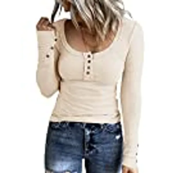 KINLONSAIR Women’s Long Sleeve Henley T Shirts Button Down Slim Fit Tops Scoop Neck Ribbed Knit Shirts