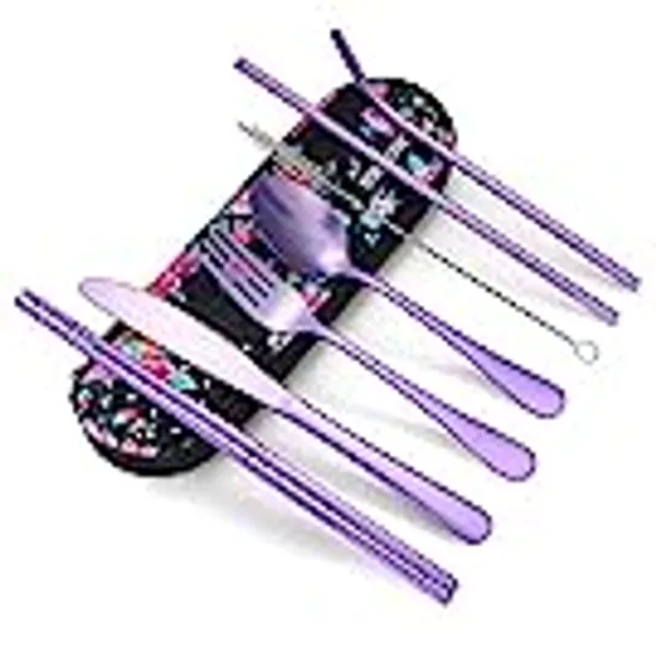 Travel Utensils,Reusable Silverware Set To Go Portable Cutlery Set with a Waterproof Carrying Case for Lunch Boxes Workplace Camping School Picnic (LihgtPurple)
