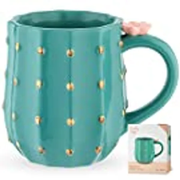 Pinky Up Cactus Mug, 3D Green Ceramic, Gold Details, Holds 10 Ounces, Coffee & Tea Accessories, Cute Succulent Coffee Mug